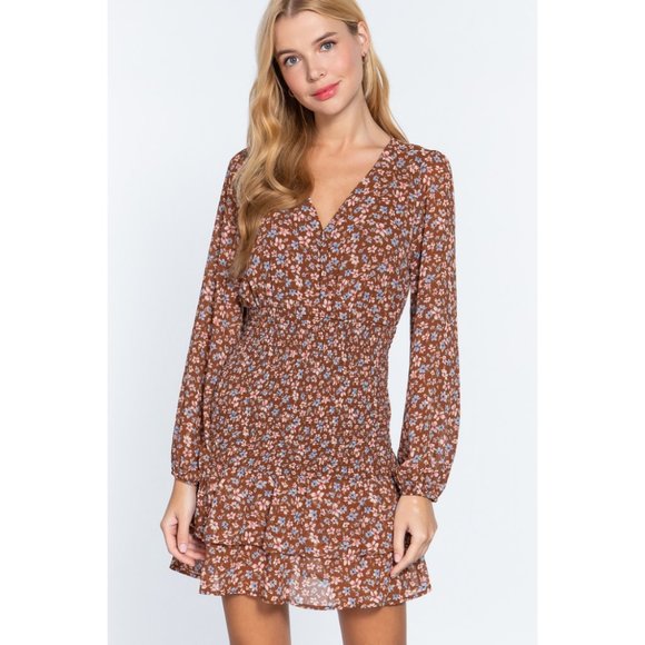 Brown Blue Floral Print Dress {Active USA} - Picture 2 of 5